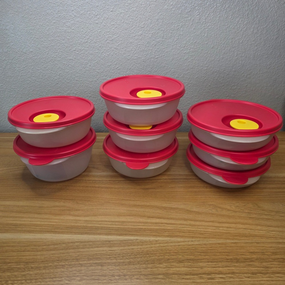 Tupperware Crystal Wave Microwave Bowls Set of 8 With Red Lids 2647A 2645B 2646A